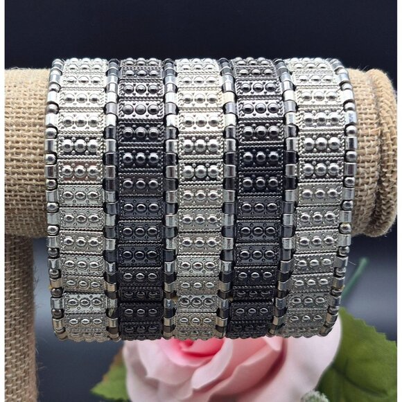 Wide Bracelet Chunky Silver & Black Tone Stretch One Size Rocker Punk - Picture 1 of 6